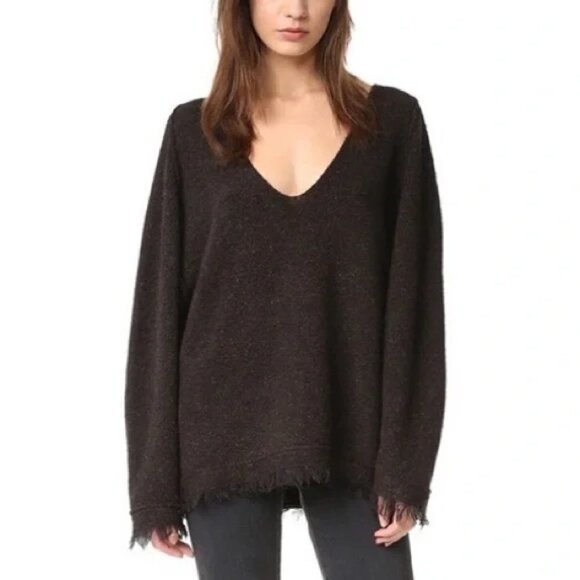 Free People Irresistible Fringe Wool-Linen V-Neck Sweater Marled Dark Brown - Picture 2 of 8